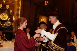 Kathrine Larsen receives her engraved decanter from Wine Guild chairman Mike Hildesley